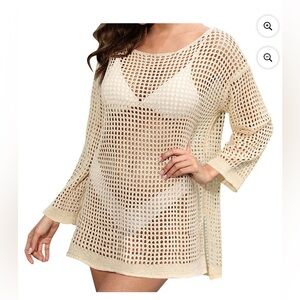 Women Size XL Cream Crochet Cover Up Long Sleeve Pullover Knit Beach Dress Boho